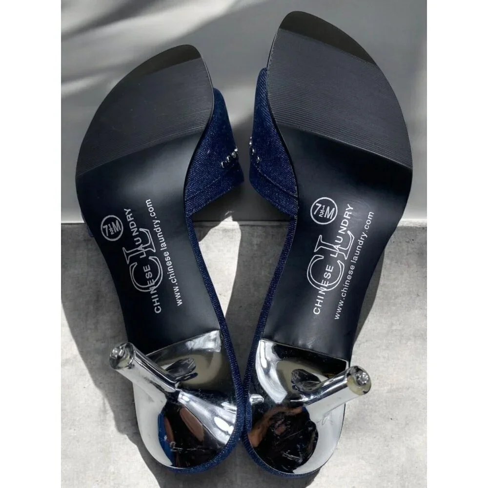 Y2K Denim Kitten Heels Thong Sandals Blue Jean Womens Size 7.5 Chinese Laundry - Picture 7 of 11